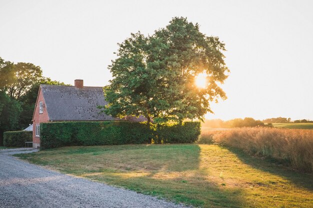 Pôr do sol sobre a casa de tijolos com uma cobertura