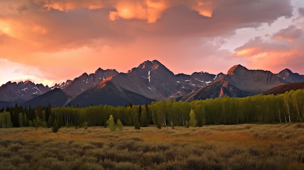 Pôr do sol sobre a cordilheira e campo de grama Generative AI