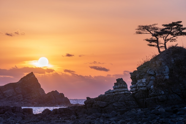 Foto pôr do sol sobre a ilha rochosa com pinheiros