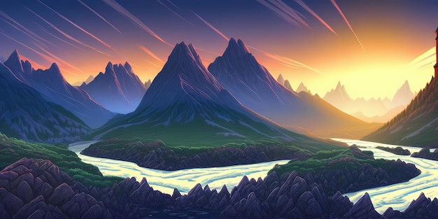 Pôr do sol sobre a ilustração de arte conceitual de cenário natural de ficção de fantasia de montanhas