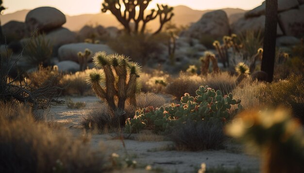 Foto pôr do sol sobre a paisagem árida, dunas de areia seca, beleza tranquila na natureza gerada pela inteligência artificial