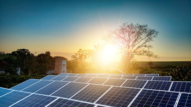 Pôr do sol sobre a planta de fazenda de energia solar