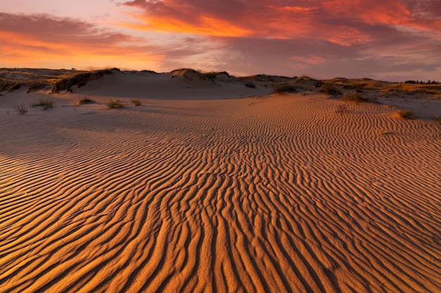 Pôr do sol sobre as dunas de areia no deserto Paisagem árida do deserto do Saara