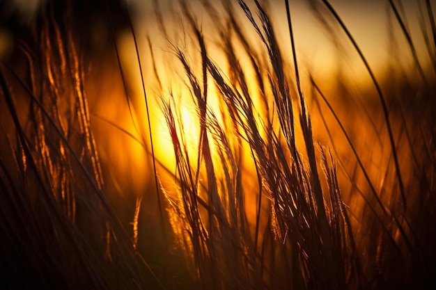 Pôr do sol sobre grama ondulada, um belo resumo da natureza com tonalidade laranja dourada