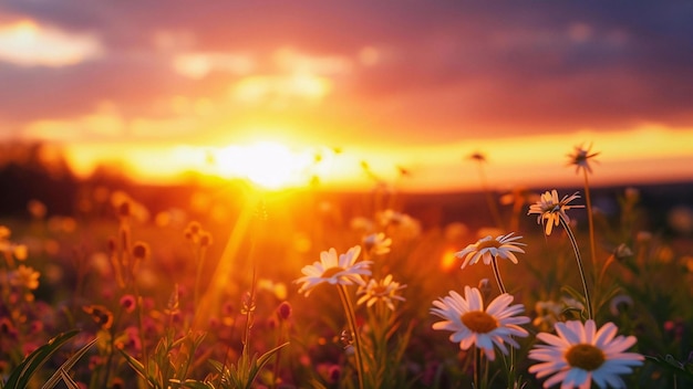 Pôr-do-sol sobre o campo campo de flores pôr- do-sol no campo