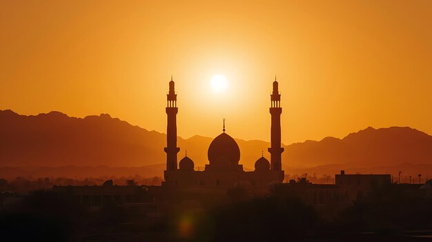 Foto pôr-do-sol sobre o deserto com mesquita muçulmana em primeiro plano