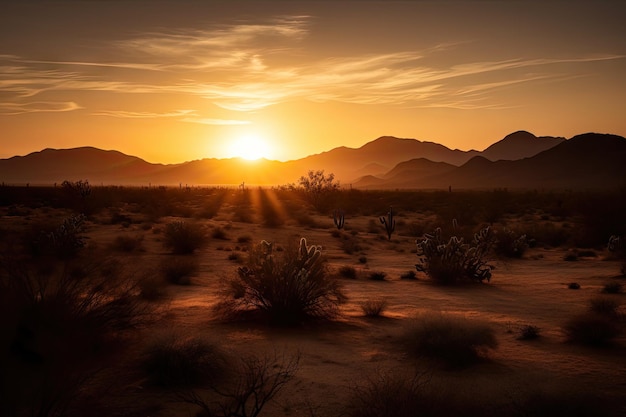 Pôr do sol sobre o deserto com uma silhueta de cactos e montanhas ao fundo