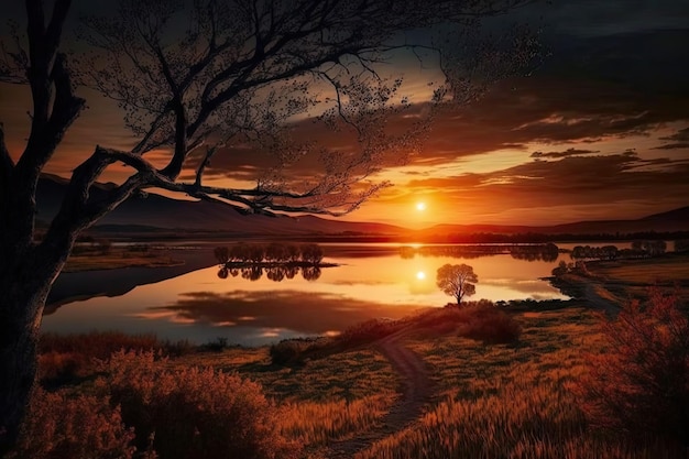 Pôr do sol sobre o lago cercado pela beleza natural do campo criado com ai generativo