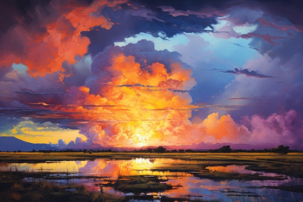 Pôr do sol sobre o lago com nuvens no céu Pintura digital cumulonimbus pôr do sol impasto pós-impressionismo neon vibrante dramático gerado por IA