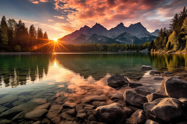 Pôr do sol sobre o lago nas Dolomitas Itália Impressionante nascer do sol de verão no lago Eibsee com a cordilheira Zugspitze gerada por IA