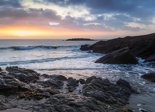 Pôr do sol sobre o Oceano Atlântico na Cornualha Inglaterra Reino Unido Uma paisagem de Rocky Beach