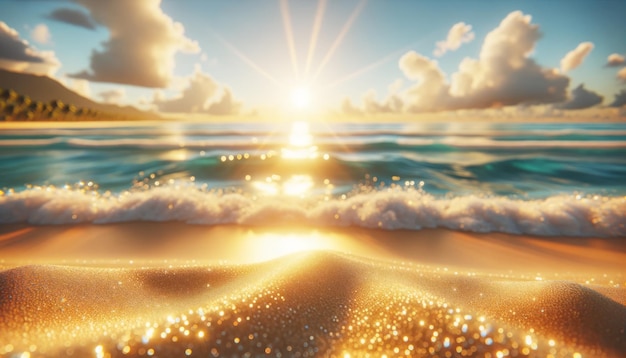 Foto pôr-do-sol sobre o oceano com areia cintilante e ondas entrantes conceito de férias ia geradora