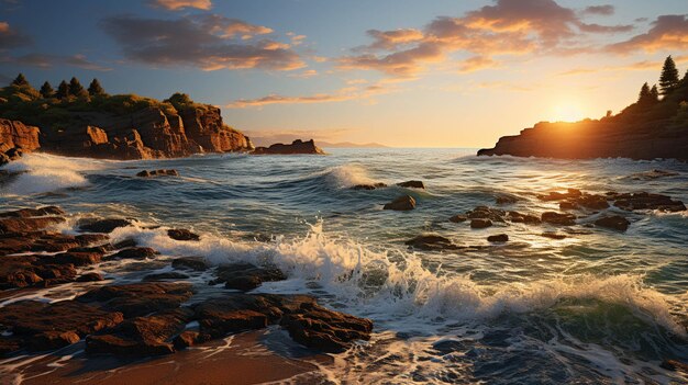 Pôr do sol sobre o oceano com ondas batendo nas rochas generativas ai