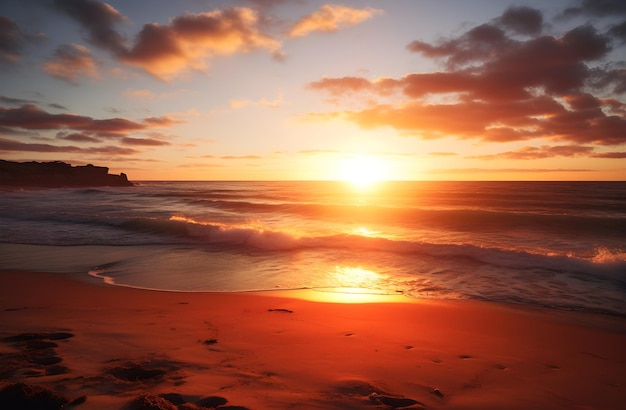 Pôr-do-sol sobre o oceano com ondas e grande fundo de sol laranja