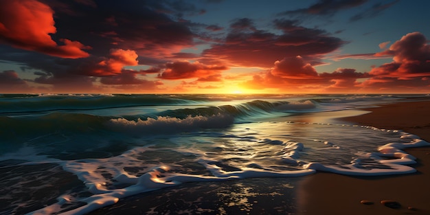 Pôr do sol sobre o oceano com ondas quebrando na praia generativa ai