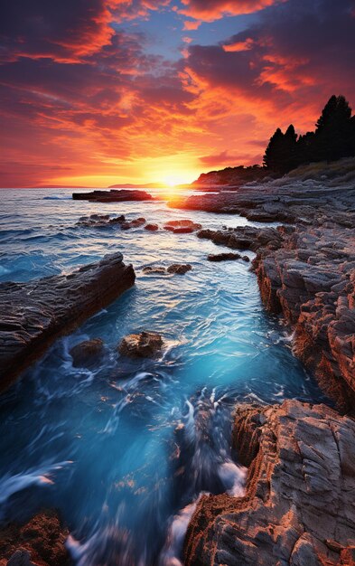 Foto pôr-do-sol sobre o oceano com rochas e água em primeiro plano