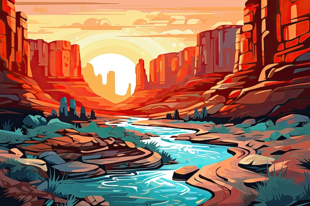 Pôr do sol sobre o rio no Parque Nacional de Canyonlands, em Utah, ilustração Canyon com um rio entre as rochas ao amanhecer, estilo pós-impressionismo, imagem gerada por IA