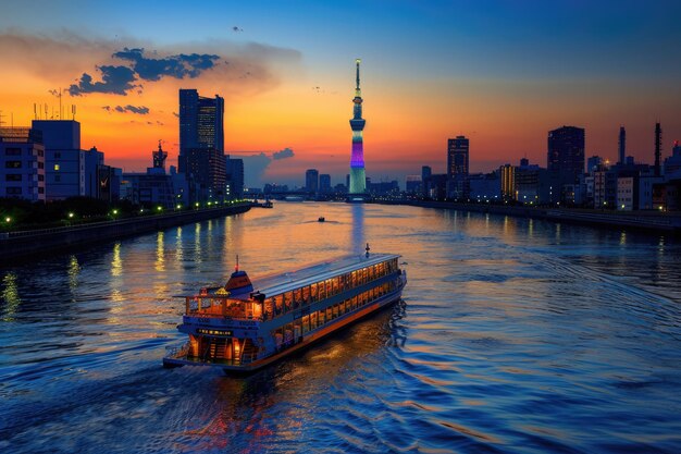 Pôr-do-sol sobre o rio Sumida em Asakusa, Tóquio, com uma vista panorâmica da cidade de Tóquio a partir de um cruzeiro