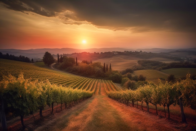 Foto pôr do sol sobre o vinhedo na toscana generative ai