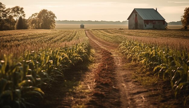 Pôr do sol sobre trigo maduro de fazenda rústica colhido gerado por IA