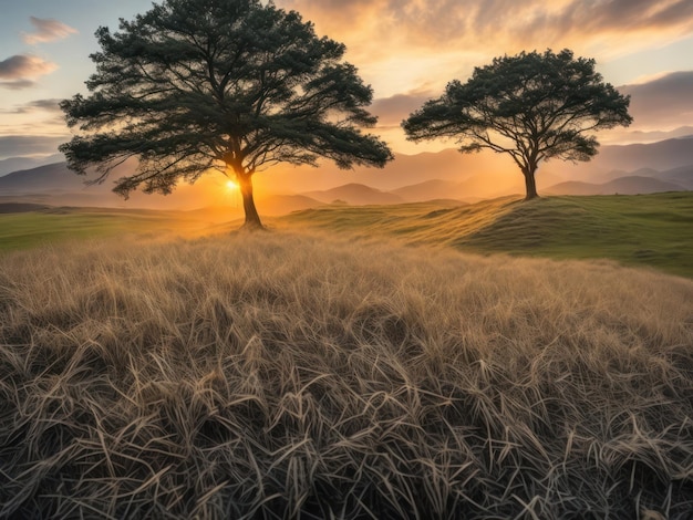 Pôr do sol sobre um campo com árvores em primeiro plano