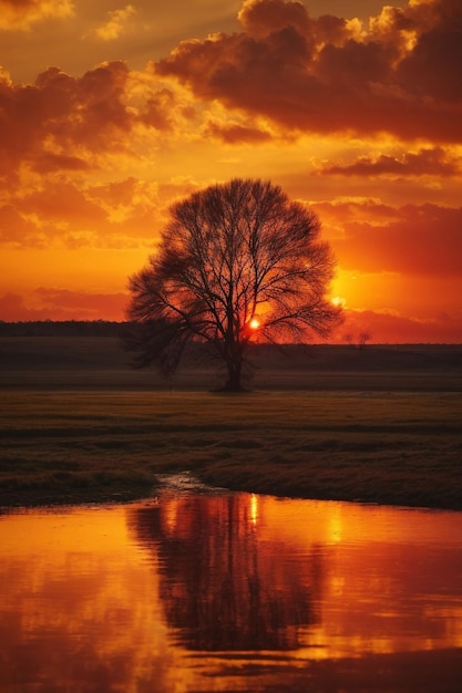Foto pôr do sol sobre um campo com uma árvore em primeiro plano e reflexo de água