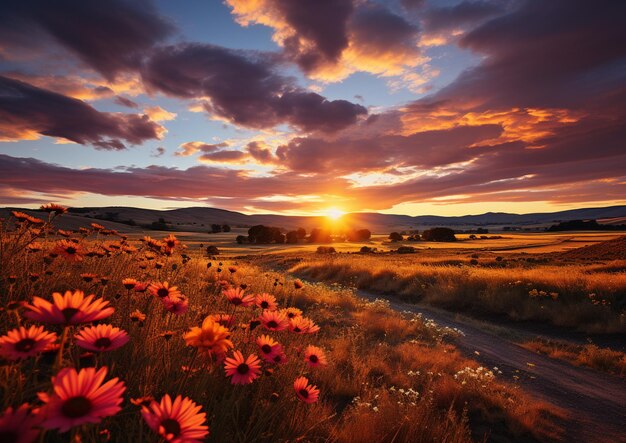 pôr-do-sol sobre um campo de flores silvestres com uma estrada de terra em primeiro plano