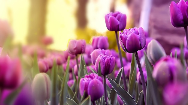 Pôr-do-sol sobre um campo de tulipas roxas Imagem macro de flores violetas lilás da primavera Prado da primavera