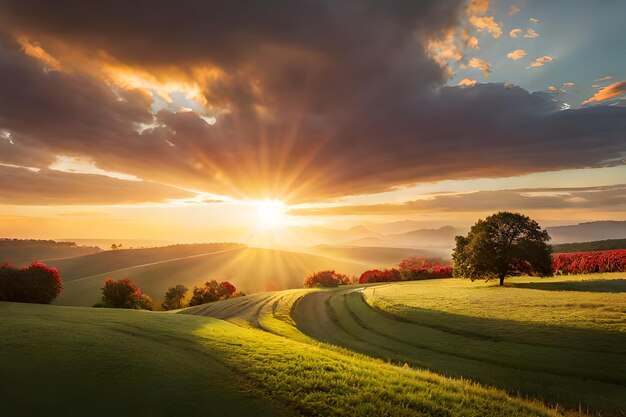 pôr do sol sobre um campo verde com uma árvore e um pôr do sol