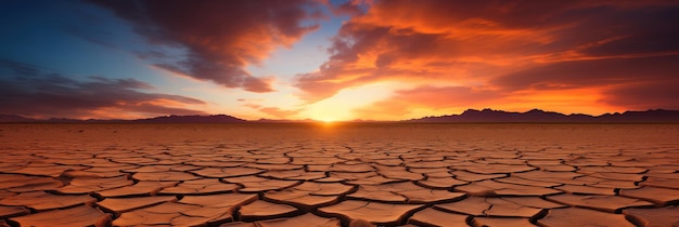 Pôr do sol sobre um deserto rachado em algum lugar da Terra devido à falta de água e ao aumento da temperatura do ar causado pelo aquecimento global
