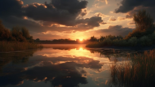 Pôr do sol sobre um lago com árvores refletidas na água geradora ai