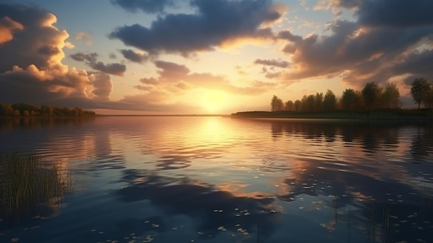 Pôr do sol sobre um lago com árvores refletidas na água geradora ai