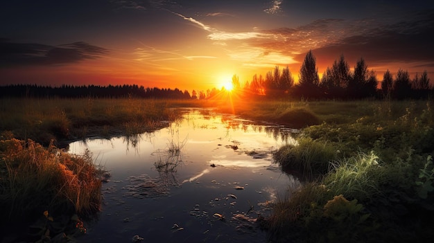 Pôr do sol sobre um rio com um rio em primeiro plano