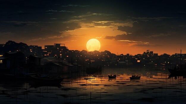 pôr-do-sol sobre uma cidade com barcos na água e edifícios no fundo generativo ai