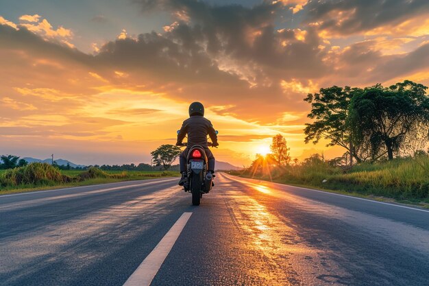 Foto pôr-do-sol sobre uma estrada aberta e um homem com um capacete montando uma motocicleta de helicóptero