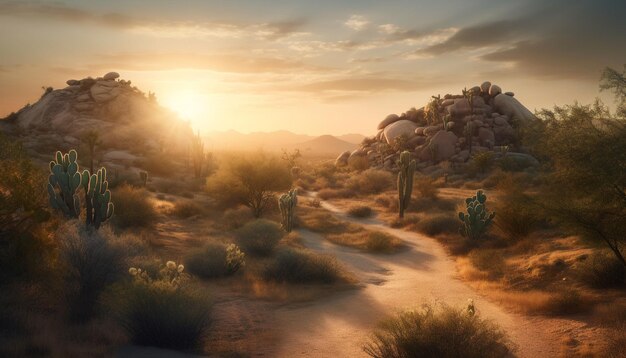 Foto pôr do sol sobre uma paisagem montanhosa, beleza natural na áfrica árida, gerada pela inteligência artificial