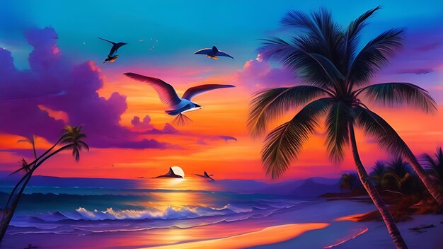 Pôr-do-sol tranquilo na praia com pintura realista do céu