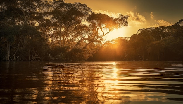 Pôr do sol tranquilo reflete na beleza da natureza da água gerada pela IA