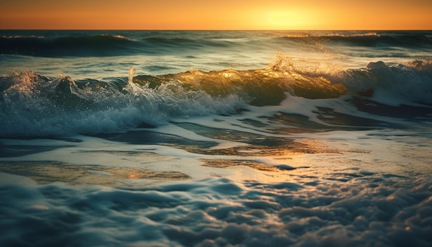 Pôr do sol tranquilo sobre a paisagem marinha azul, um destino de férias perfeito gerado por IA