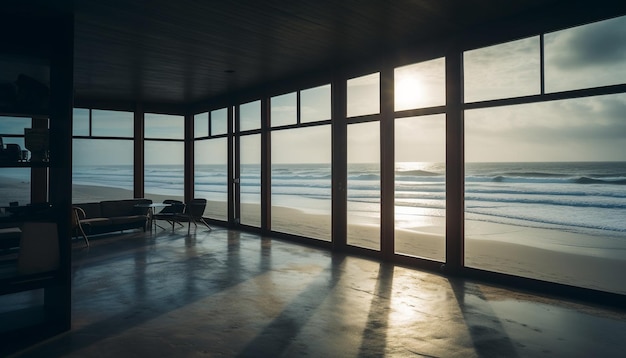 Pôr do sol tranquilo sobre apartamento moderno com cadeira vazia por janela gerada por IA