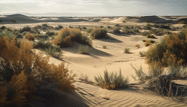 Pôr do sol tranquilo sobre dunas de areia amarela na Arábia gerado por IA