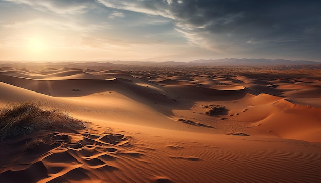 Pôr do sol tranquilo sobre majestosas dunas de areia no remoto deserto africano gerado por inteligência artificial