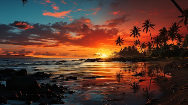 Pôr do sol tropical com panorama de silhueta de palmeira