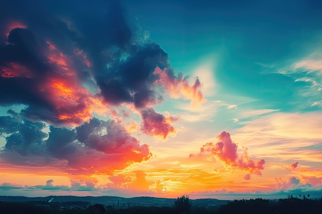 Pôr do sol vibrante com o céu cheio de cores brilhantes e gradientes suaves