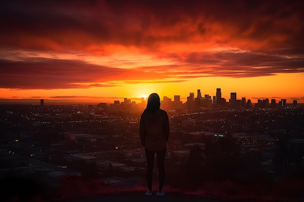 Pôr do sol vibrante sobre o horizonte de uma cidade com a silhueta de um homem olhando para o horizonte Generative Ai