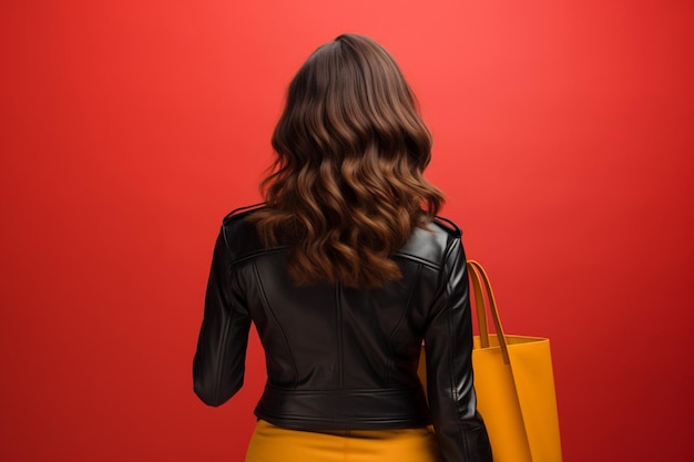 Por trás de uma jovem com uma jaqueta de couro vermelha oferece espaço para texto