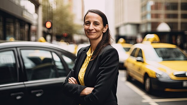 Foto porait de una orgullosa taxista con su nuevo taxi