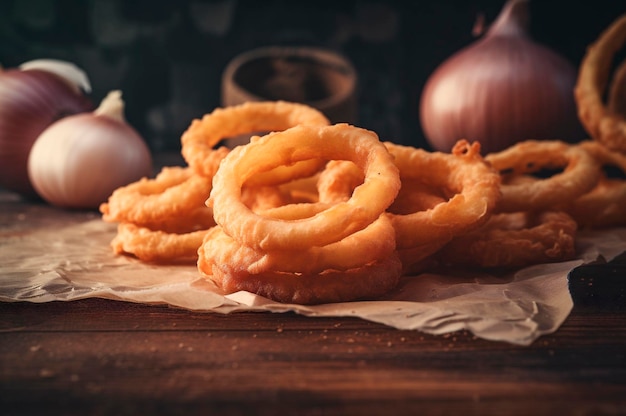 Porção de anéis de cebola fritos crocantes na mesa de madeira rústica gerada por ia