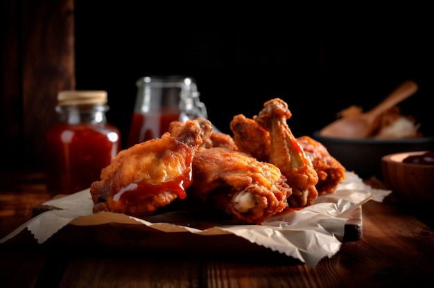 Porção de delicioso frango frito à milanesa crocante na mesa de madeira rústica gerada por ia