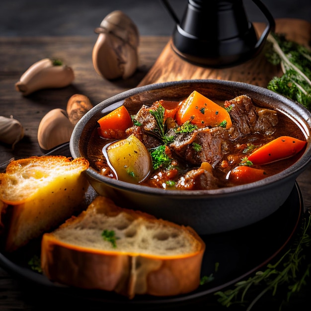 Porção de ensopado de carne em uma tigela grande sobre a mesa de madeira enferrujada closeup vista jantar goulash com pão saboroso prato de carne com cenoura e batata em molho de vinho